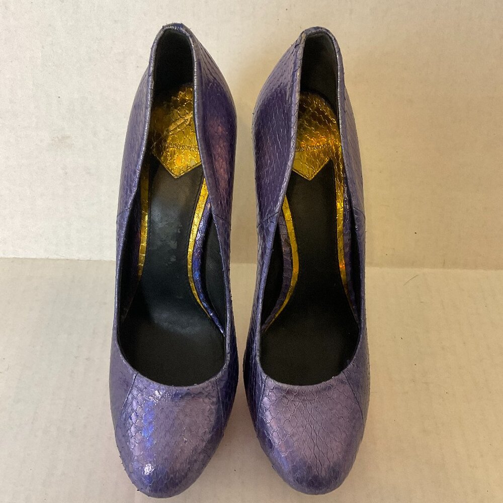 Brian Atwood Platform Stiletto Heels 6.5 Purple Gold Magenta Snakeskin Print - Picture 2 of 9